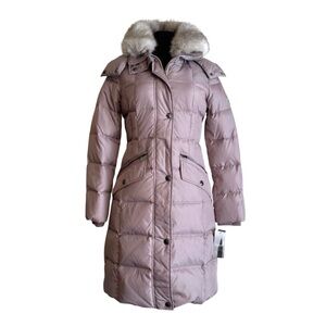 London Fog  Fur Trim Hooded Down Puffer Trench Winter Coat NWT